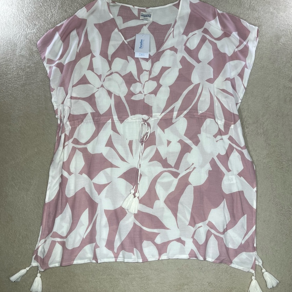 NEW Poolside Paradiso Kaftan Cover Up Floral Pink White Tassel Drawstring XL 2XL